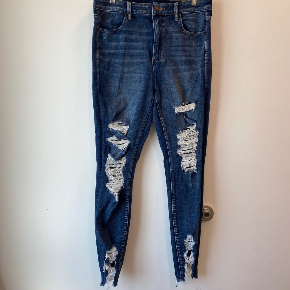 American Eagle Jeggings Women 14 Blue Super Stretch Distressed High Rise Skinny